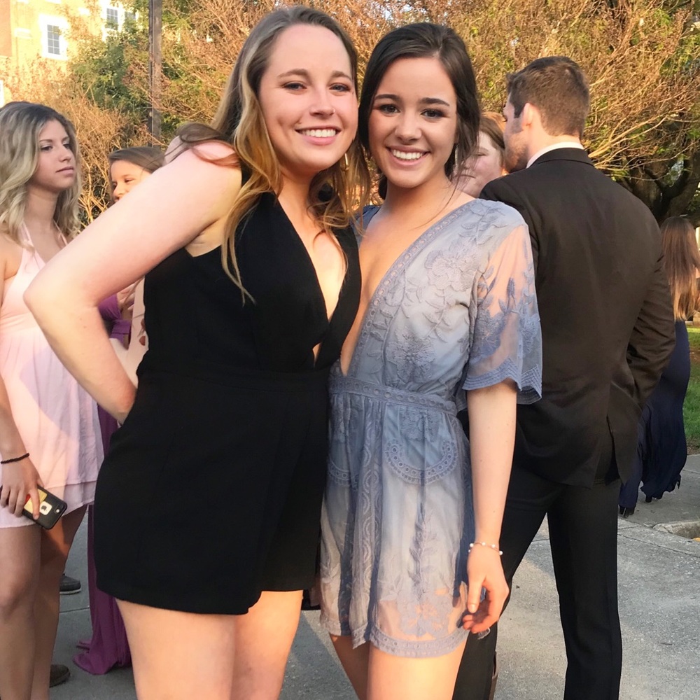 Blue Grey Embroidered Lace Romper